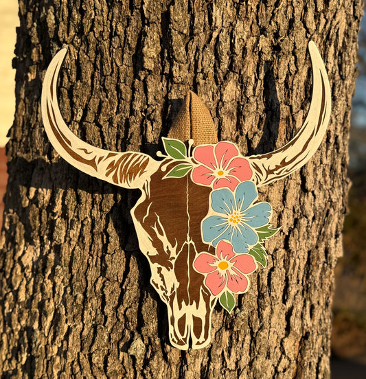 Floral Cow Skull door hanger